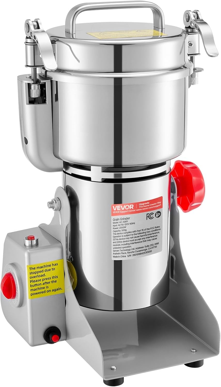 VEVOR Elektrische Graanmolen 500g - 2000W RVS Kruidenmolen - Zilver