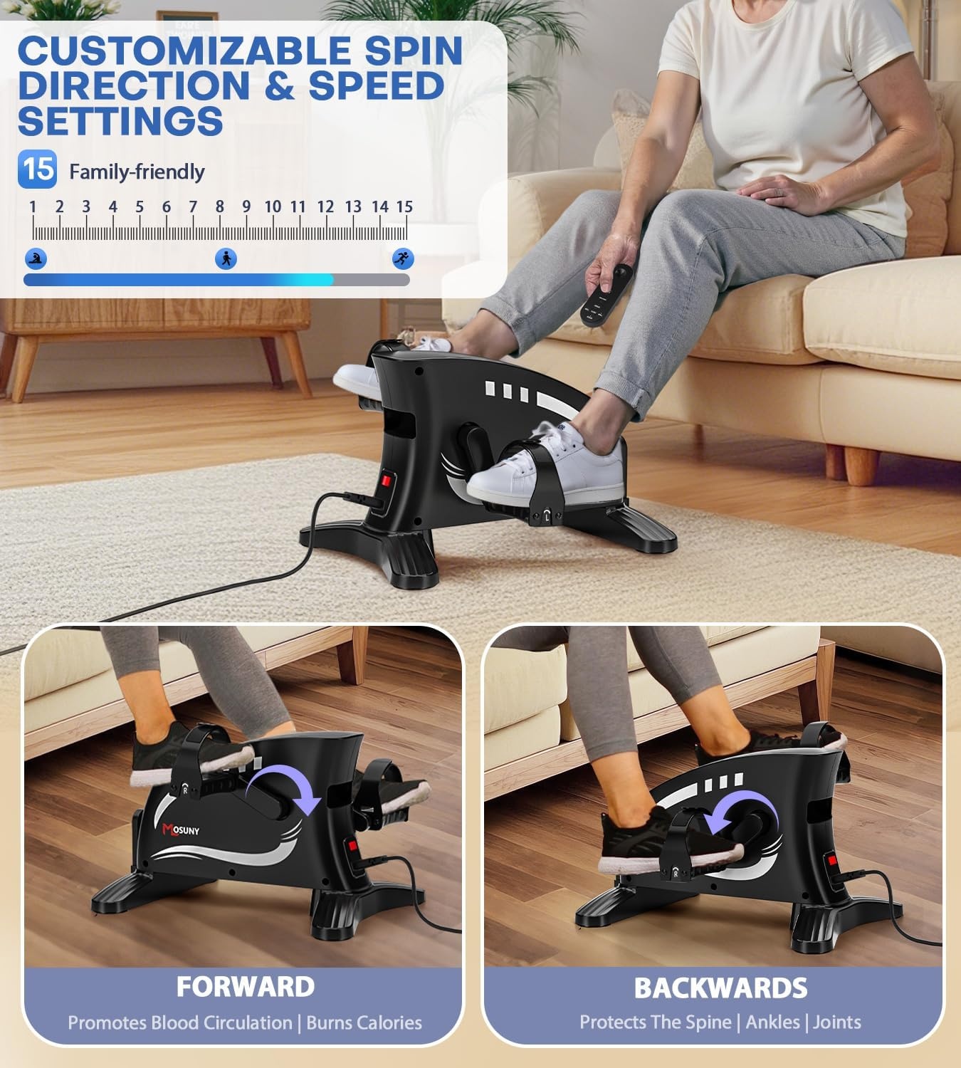 MOSUNY Elektrische Mini Hometrainer - Zwart/Wit - Met 15 Snelheden en Afstandsbediening
