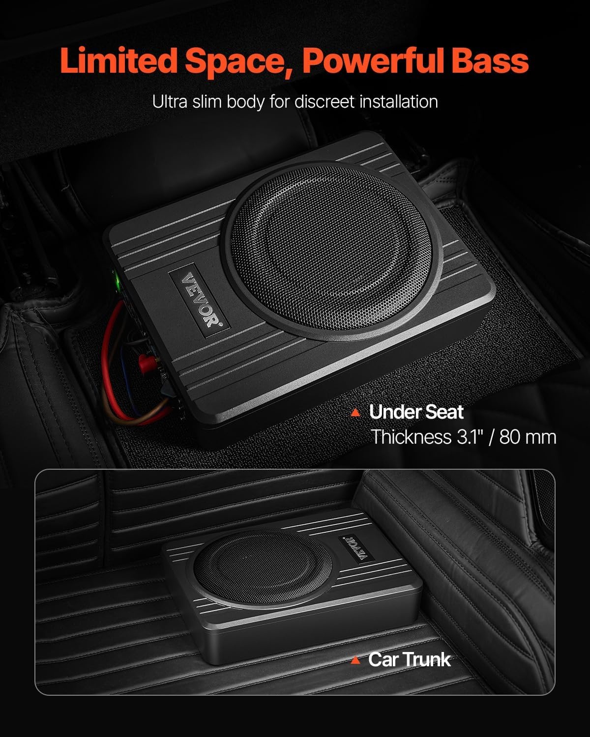 VEVOR 10-inch Actieve Subwoofer voor Auto - 300W - Zilver - Slank ontwerp voor onder de stoel