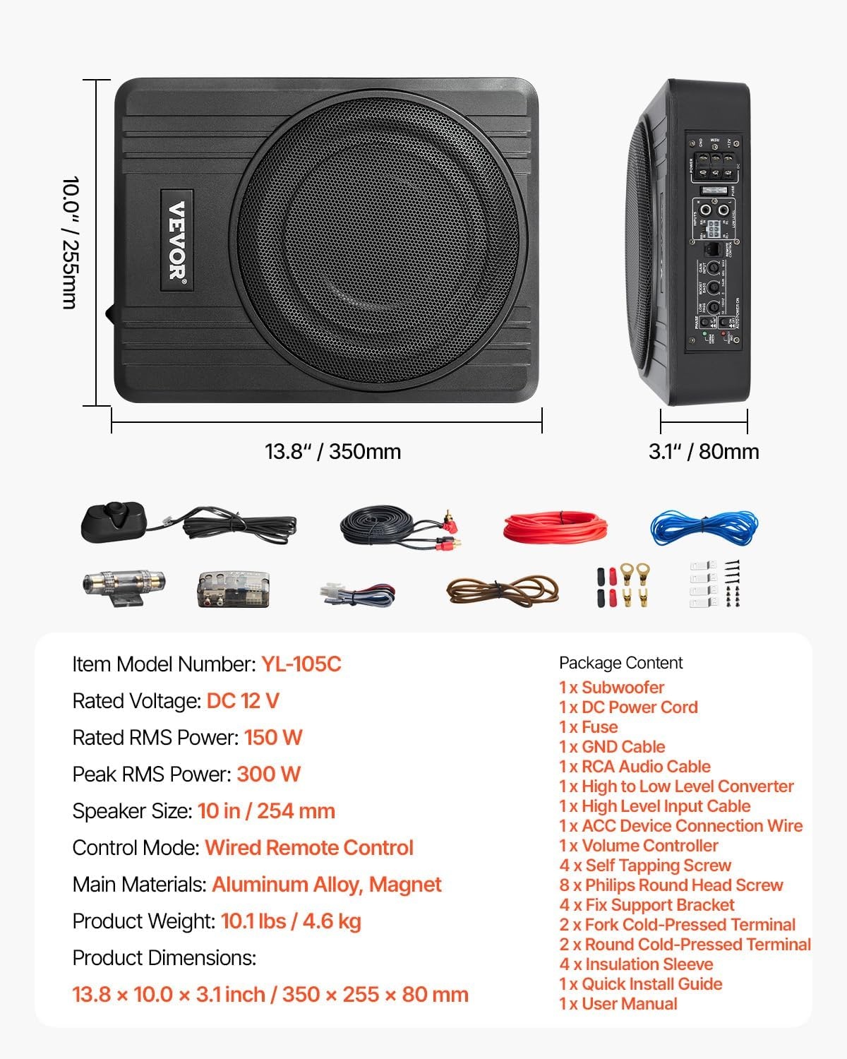 VEVOR 10-inch Actieve Subwoofer voor Auto - 300W - Zilver - Slank ontwerp voor onder de stoel