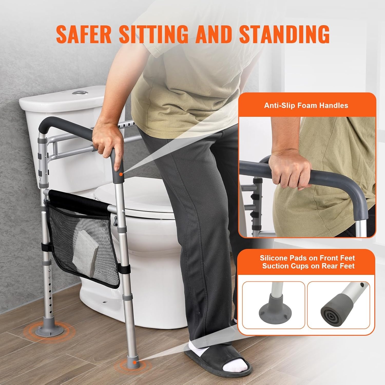 VEVOR Opvouwbaar veilig toiletframe, wc-steunstang met antislip handgrepen, draagvermogen 136 kg, met versterkte buis van aluminiumlegering, voor gehandicapten, zwangere mensen