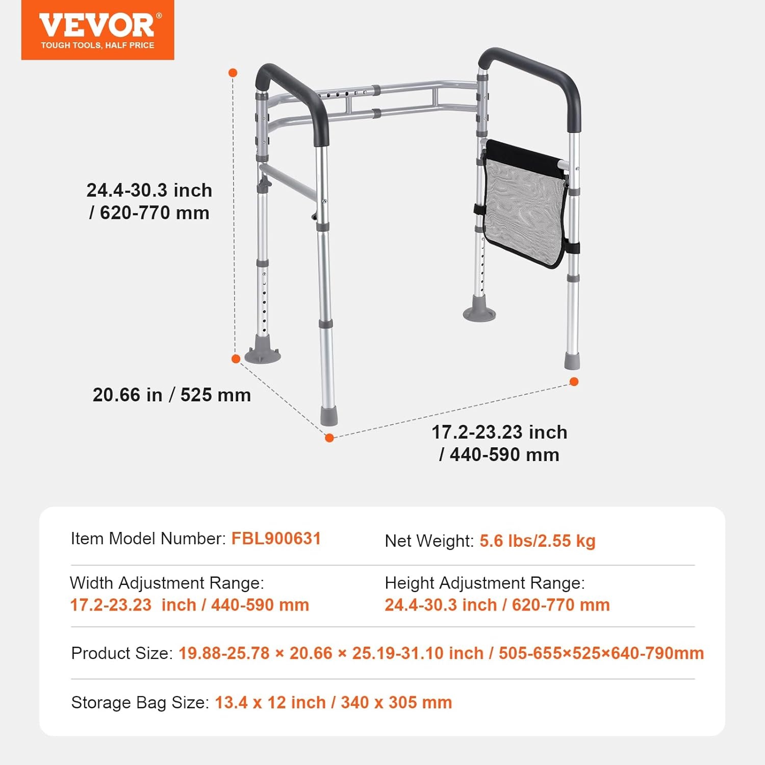 VEVOR Opvouwbaar veilig toiletframe, wc-steunstang met antislip handgrepen, draagvermogen 136 kg, met versterkte buis van aluminiumlegering, voor gehandicapten, zwangere mensen