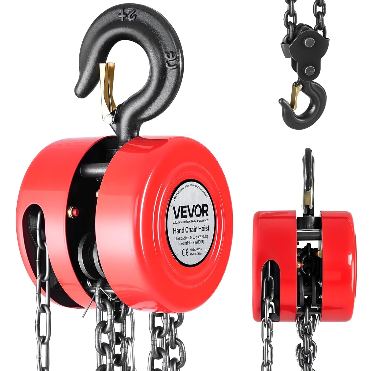 VEVOR Handmatige kettingtakel, draagvermogen 2 T, hefhoogte 3 m, met robuuste haak, G70-ketting, mechanische veiligheidsrem, goederenheffen voor garages, bouwplaatsen, magazijnen, rood