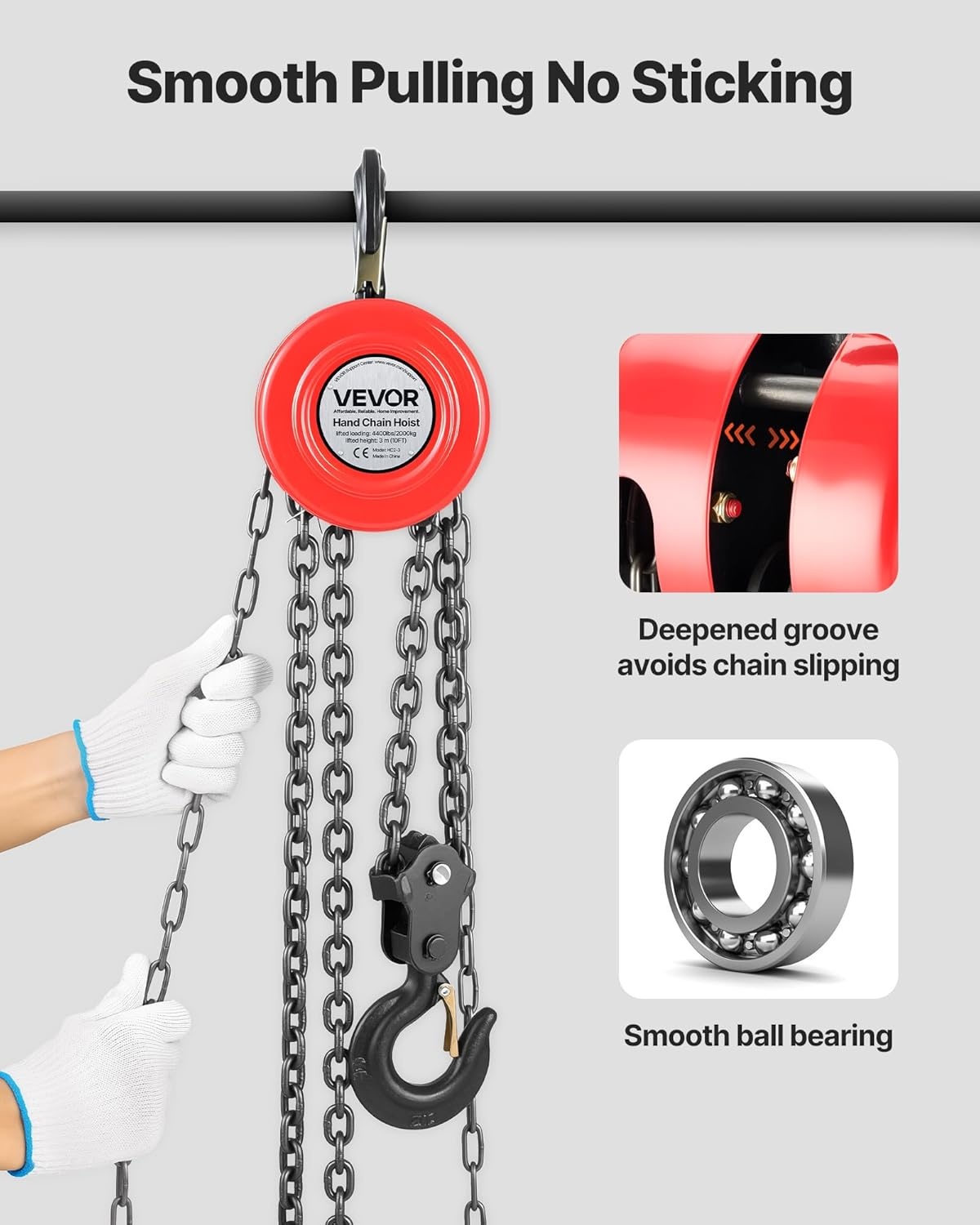 VEVOR Handmatige kettingtakel, draagvermogen 2 T, hefhoogte 3 m, met robuuste haak, G70-ketting, mechanische veiligheidsrem, goederenheffen voor garages, bouwplaatsen, magazijnen, rood