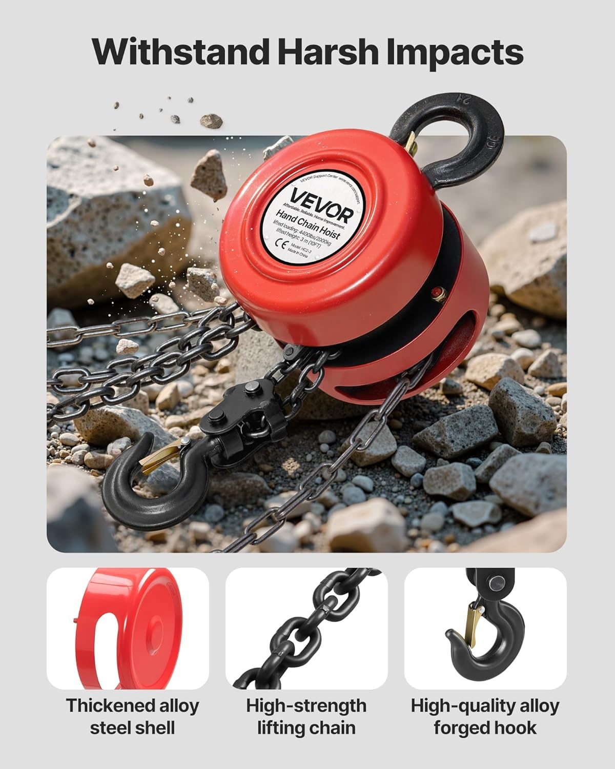 VEVOR Handmatige kettingtakel, draagvermogen 2 T, hefhoogte 3 m, met robuuste haak, G70-ketting, mechanische veiligheidsrem, goederenheffen voor garages, bouwplaatsen, magazijnen, rood