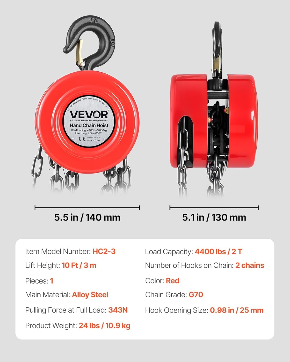 VEVOR Handmatige kettingtakel, draagvermogen 2 T, hefhoogte 3 m, met robuuste haak, G70-ketting, mechanische veiligheidsrem, goederenheffen voor garages, bouwplaatsen, magazijnen, rood