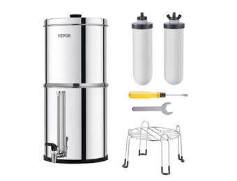 VEVOR Waterfiltersysteem met zwaartekracht, 2,25 G 304 roestvrij stalen aanrecht waterfiltratiesysteem, vermindert lood en tot 99% chloor, met 2 keramische koolstoffilters, waterniveau-spon, standaard