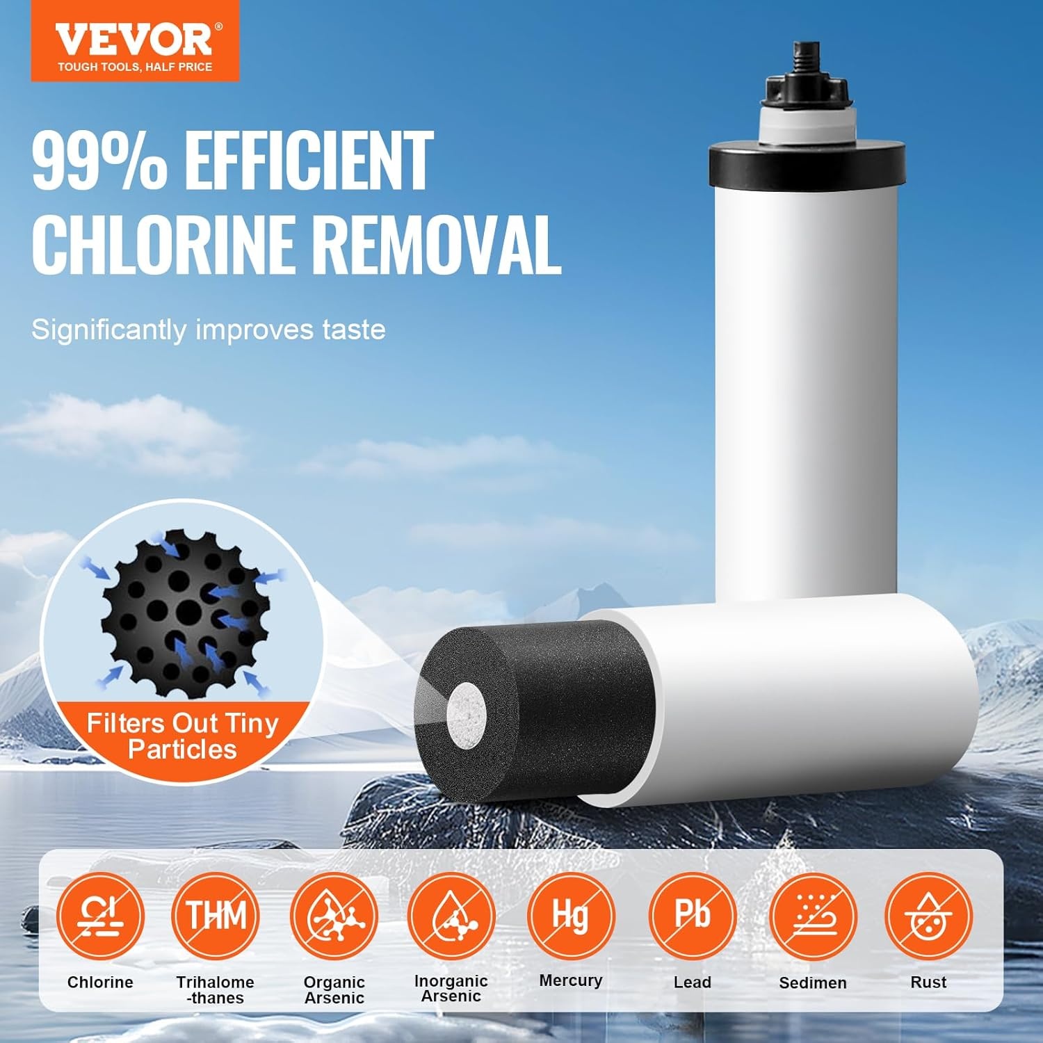 VEVOR Waterfiltersysteem met zwaartekracht, 2,25 G 304 roestvrij stalen aanrecht waterfiltratiesysteem, vermindert lood en tot 99% chloor, met 2 keramische koolstoffilters, waterniveau-spon, standaard