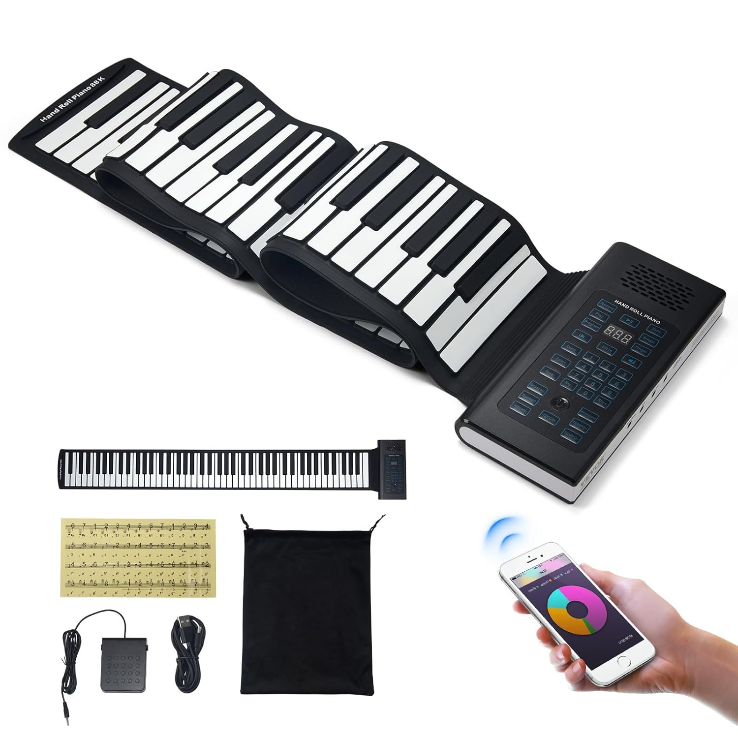 VEVOR Pianotoetsenbord met 88 toetsen, oprolbaar, 128 ritmes, 128 tonen, draagbaar, digitale hand met oplaadbare accu, luidspreker, 2 W led-display, 5 poorten, MIDI-functie, kinderen, beginners,
