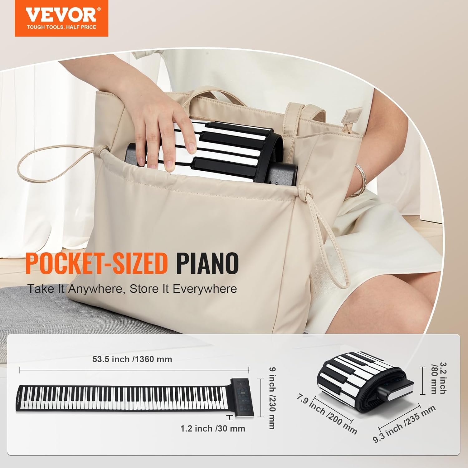 VEVOR Pianotoetsenbord met 88 toetsen, oprolbaar, 128 ritmes, 128 tonen, draagbaar, digitale hand met oplaadbare accu, luidspreker, 2 W led-display, 5 poorten, MIDI-functie, kinderen, beginners,