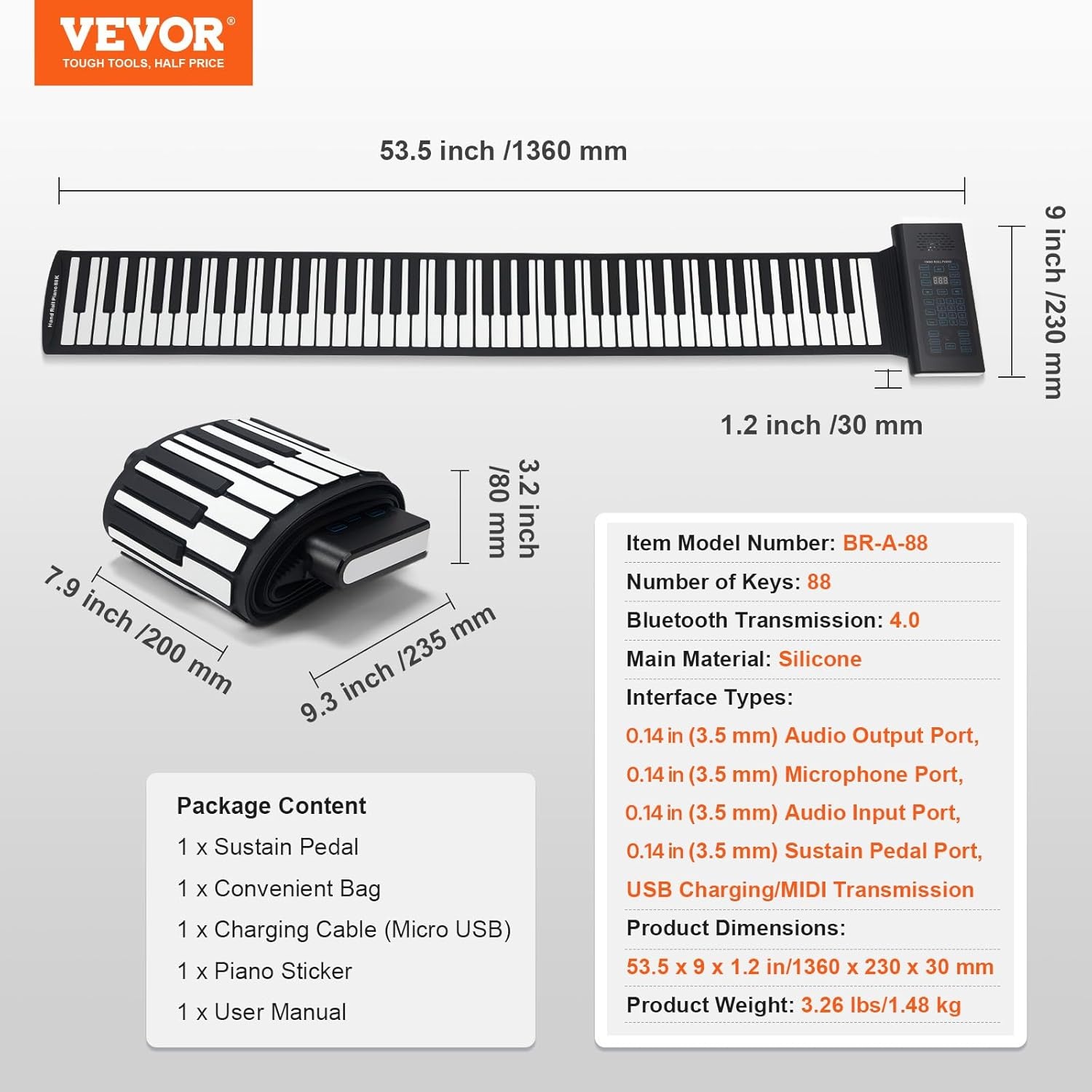 VEVOR Pianotoetsenbord met 88 toetsen, oprolbaar, 128 ritmes, 128 tonen, draagbaar, digitale hand met oplaadbare accu, luidspreker, 2 W led-display, 5 poorten, MIDI-functie, kinderen, beginners,