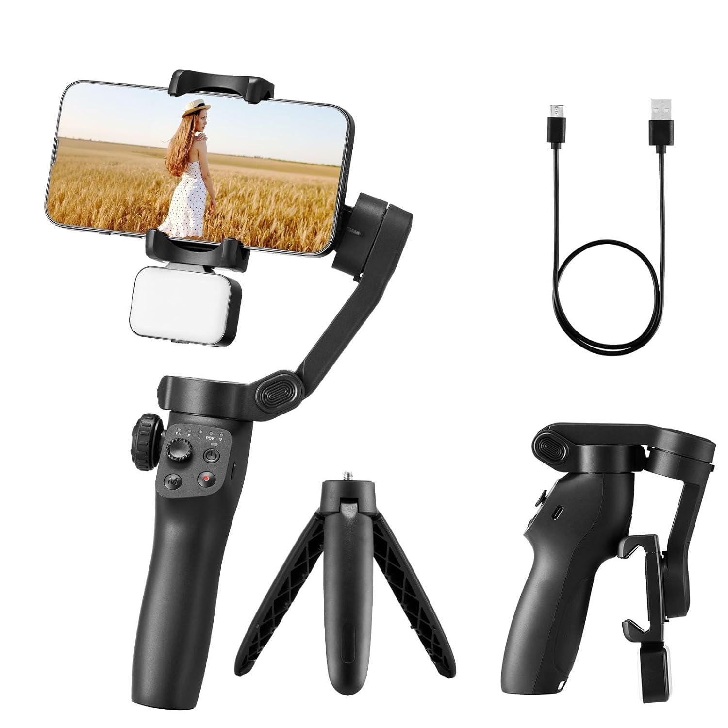 VEVOR Gimbal Stabilisator voor smartphone, 3-assige stabilisatie, voor video-opname, met magnetisch vullicht, gezichtsherkenning, gebarenbesturing