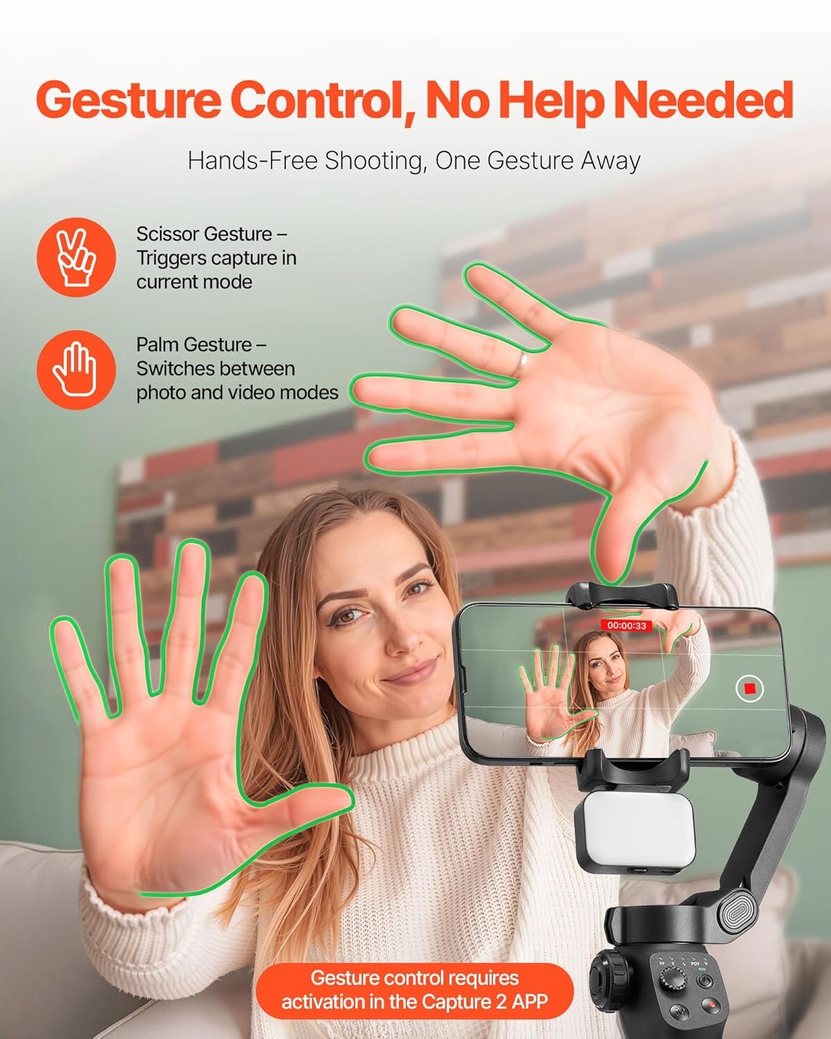 VEVOR Gimbal Stabilisator voor smartphone, 3-assige stabilisatie, voor video-opname, met magnetisch vullicht, gezichtsherkenning, gebarenbesturing