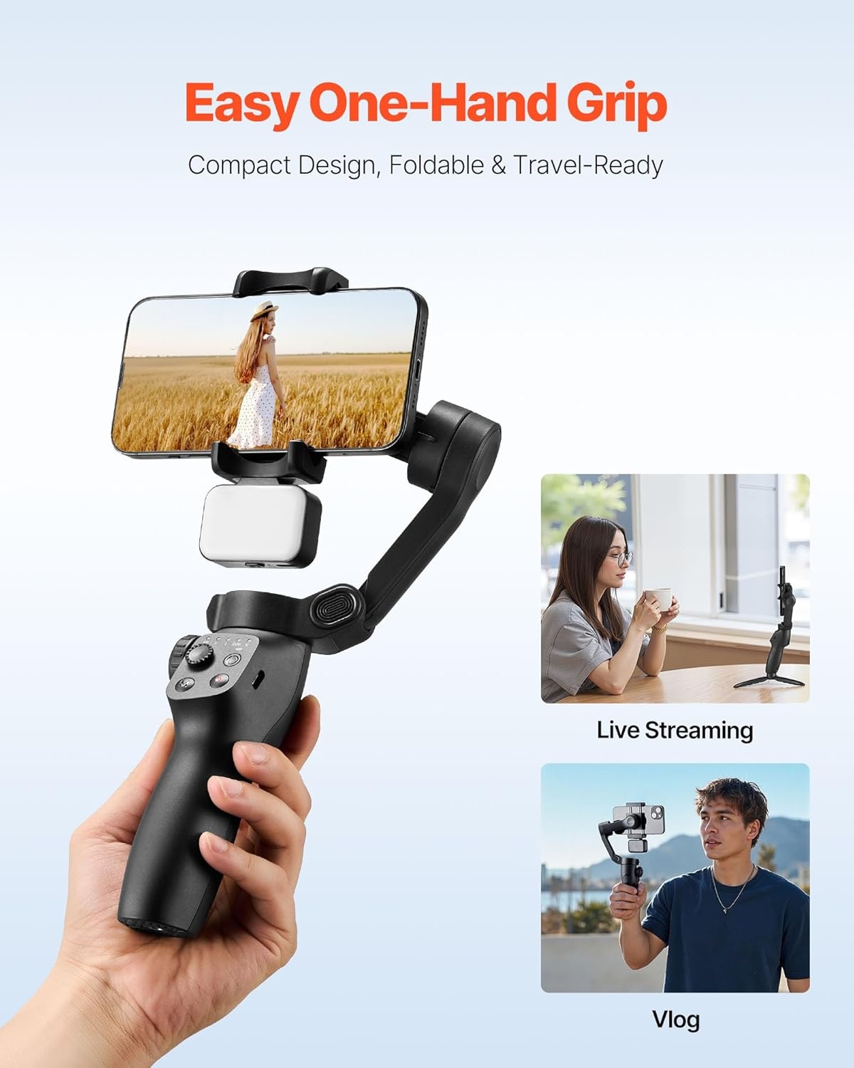 VEVOR Gimbal Stabilisator voor smartphone, 3-assige stabilisatie, voor video-opname, met magnetisch vullicht, gezichtsherkenning, gebarenbesturing