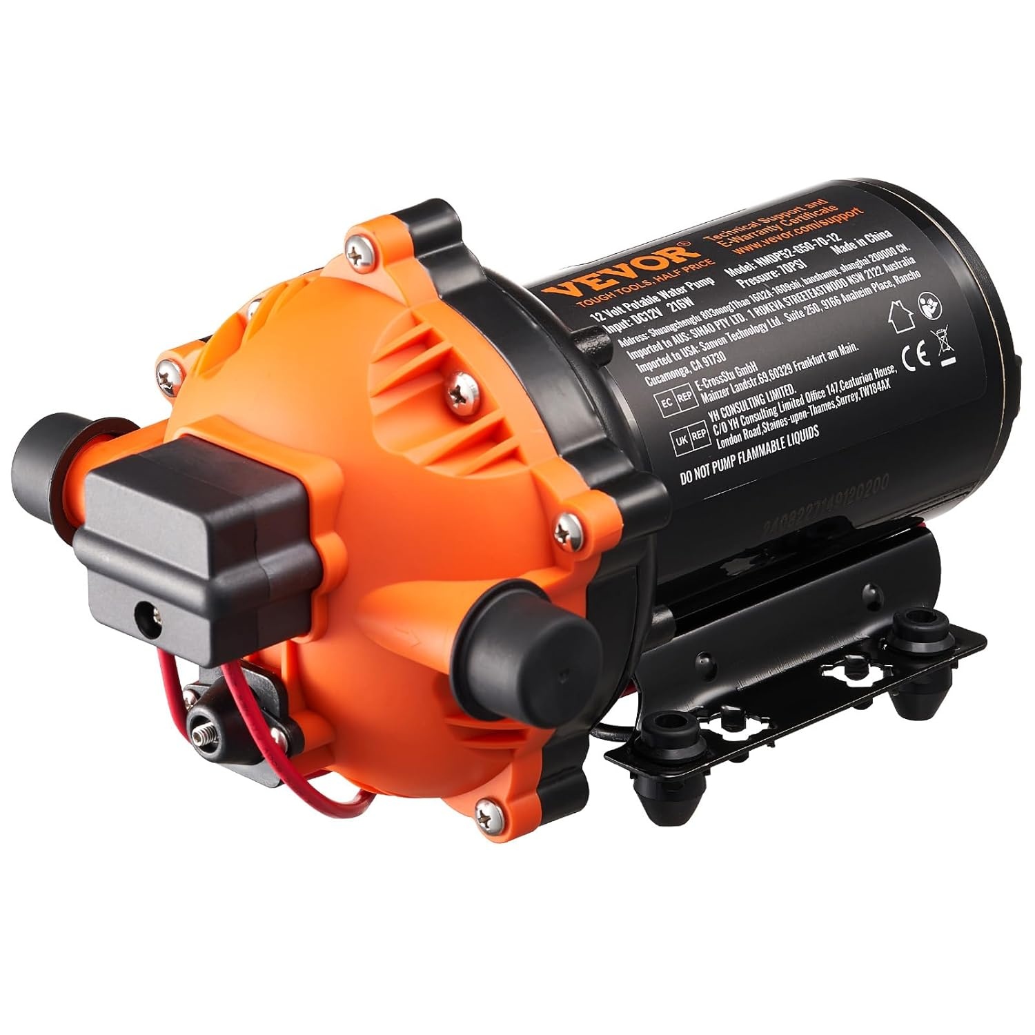 VEVOR Nautica Diaphragm Pump, 12 V, 5 GPM, 18.93 L/Min, 5 Chamber Water Pump, 12 V DC with Automatic Pressure Switch, 40-100 PSI, 70 PSI, MNPT Connection for RV, Yacht, Food, Truck, Motorhome,
