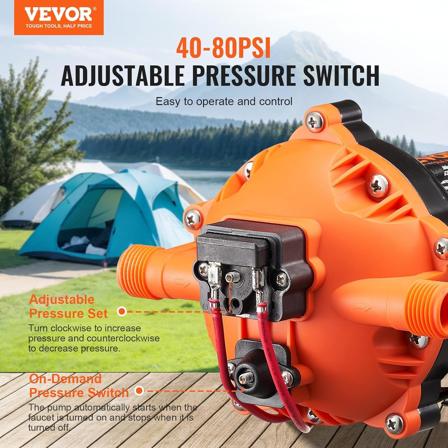VEVOR Nautica Diaphragm Pump, 12 V, 5 GPM, 18.93 L/Min, 5 Chamber Water Pump, 12 V DC with Automatic Pressure Switch, 40-100 PSI, 70 PSI, MNPT Connection for RV, Yacht, Food, Truck, Motorhome,