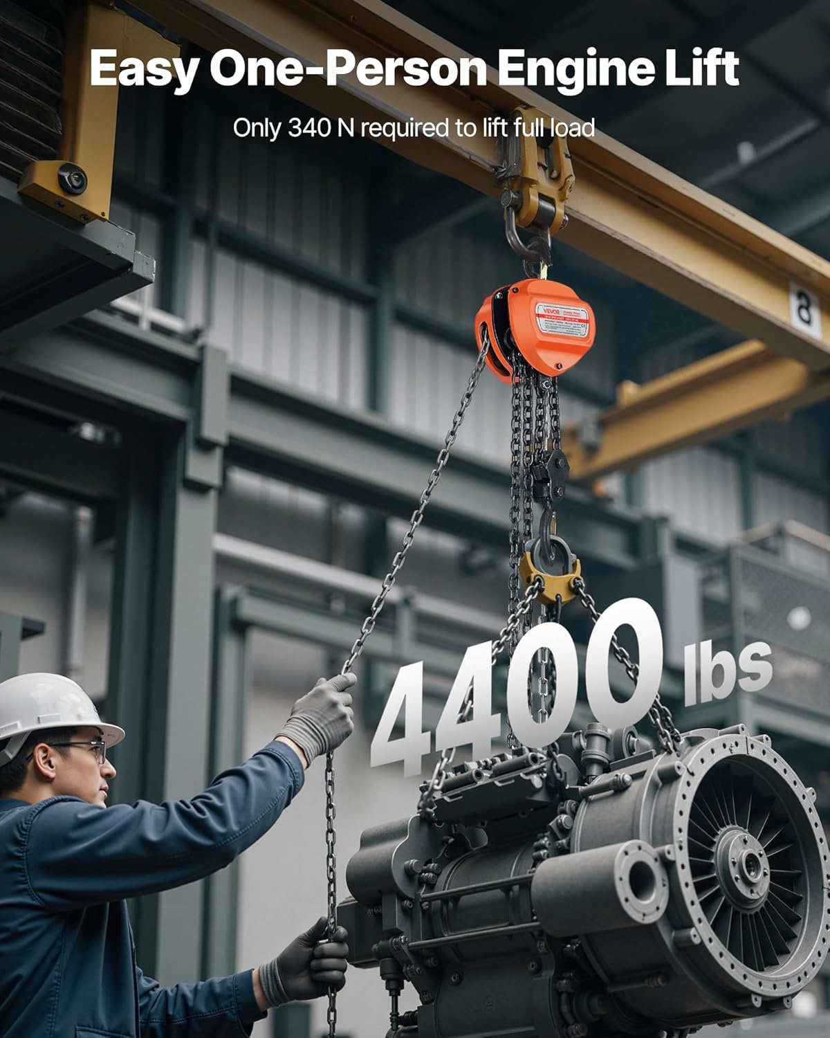 VEVOR Trekkoord met 2 T draagvermogen, handketting, 3 m hefhoogte, hoes met G80-ketting, krachtige takel, handmatige takel voor garages, magazijnen, automobielmachines, oranje