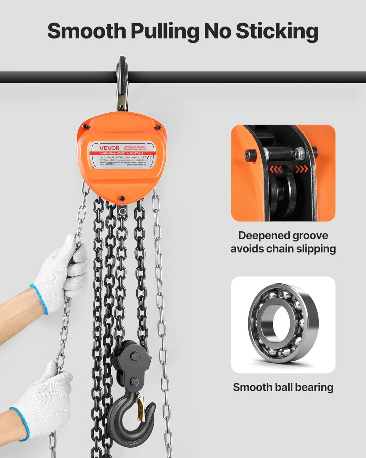 VEVOR Trekkoord met 2 T draagvermogen, handketting, 3 m hefhoogte, hoes met G80-ketting, krachtige takel, handmatige takel voor garages, magazijnen, automobielmachines, oranje
