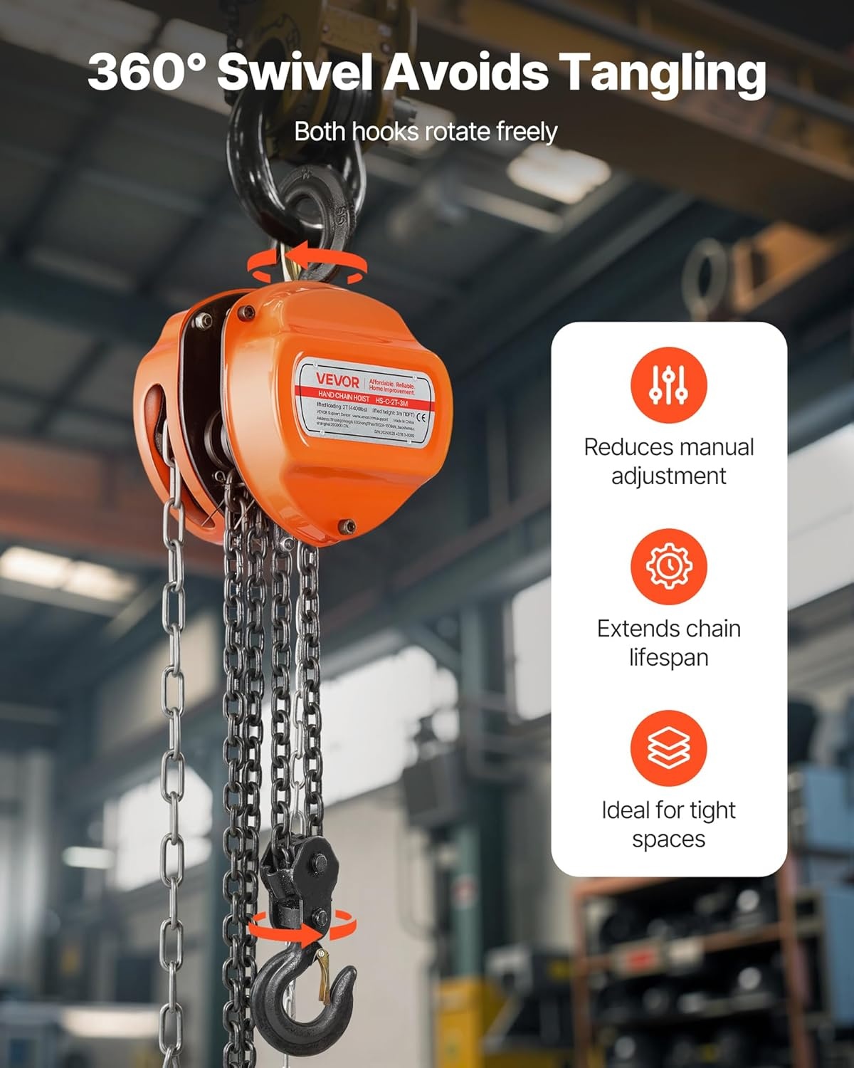VEVOR Trekkoord met 2 T draagvermogen, handketting, 3 m hefhoogte, hoes met G80-ketting, krachtige takel, handmatige takel voor garages, magazijnen, automobielmachines, oranje