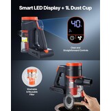 VEVOR Draadloze Steelstofzuiger 40KPA - Zwart & Oranje - Met LED-scherm en Anti-Klit Borstel