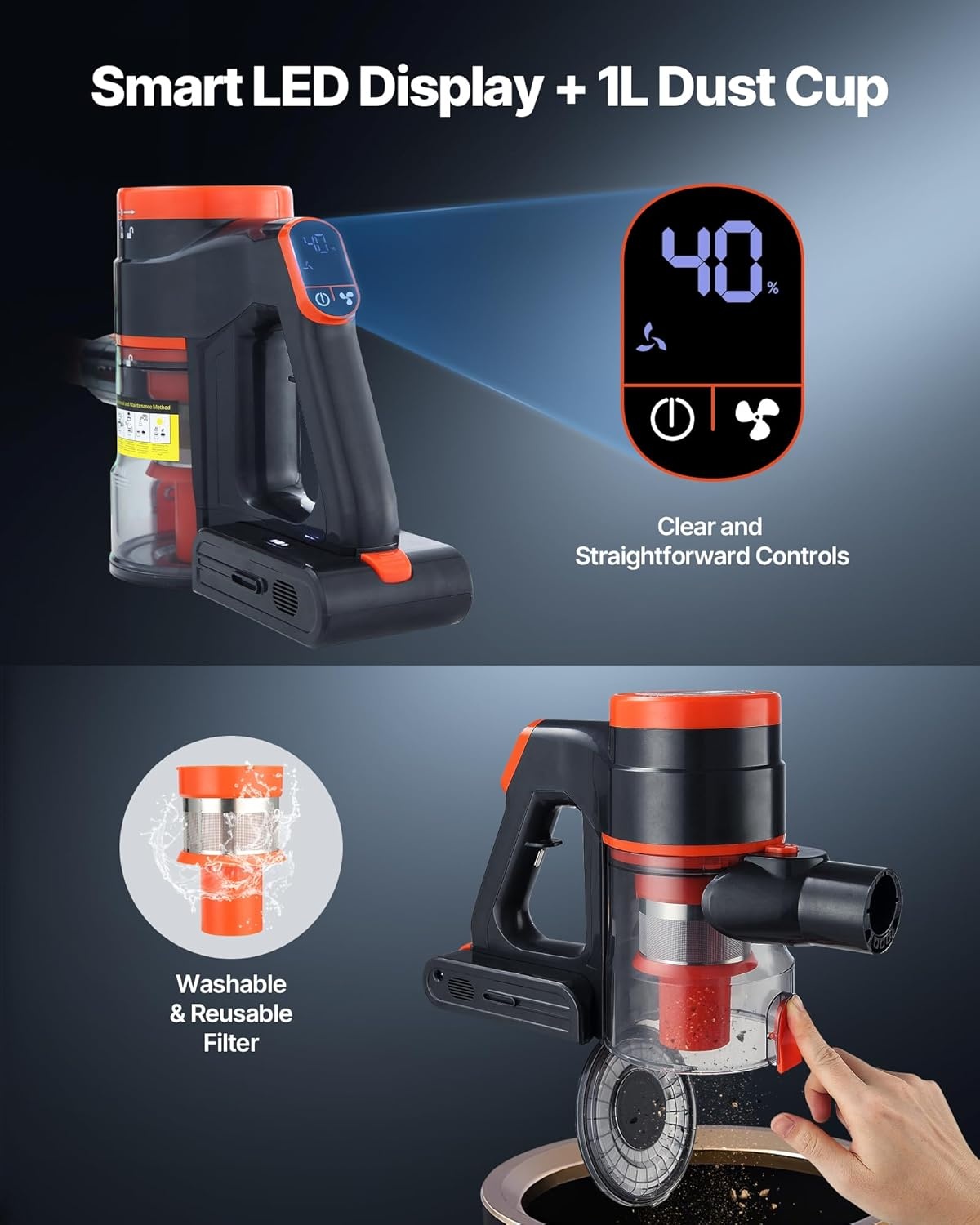 VEVOR Draadloze Steelstofzuiger 40KPA - Zwart & Oranje - Met LED-scherm en Anti-Klit Borstel