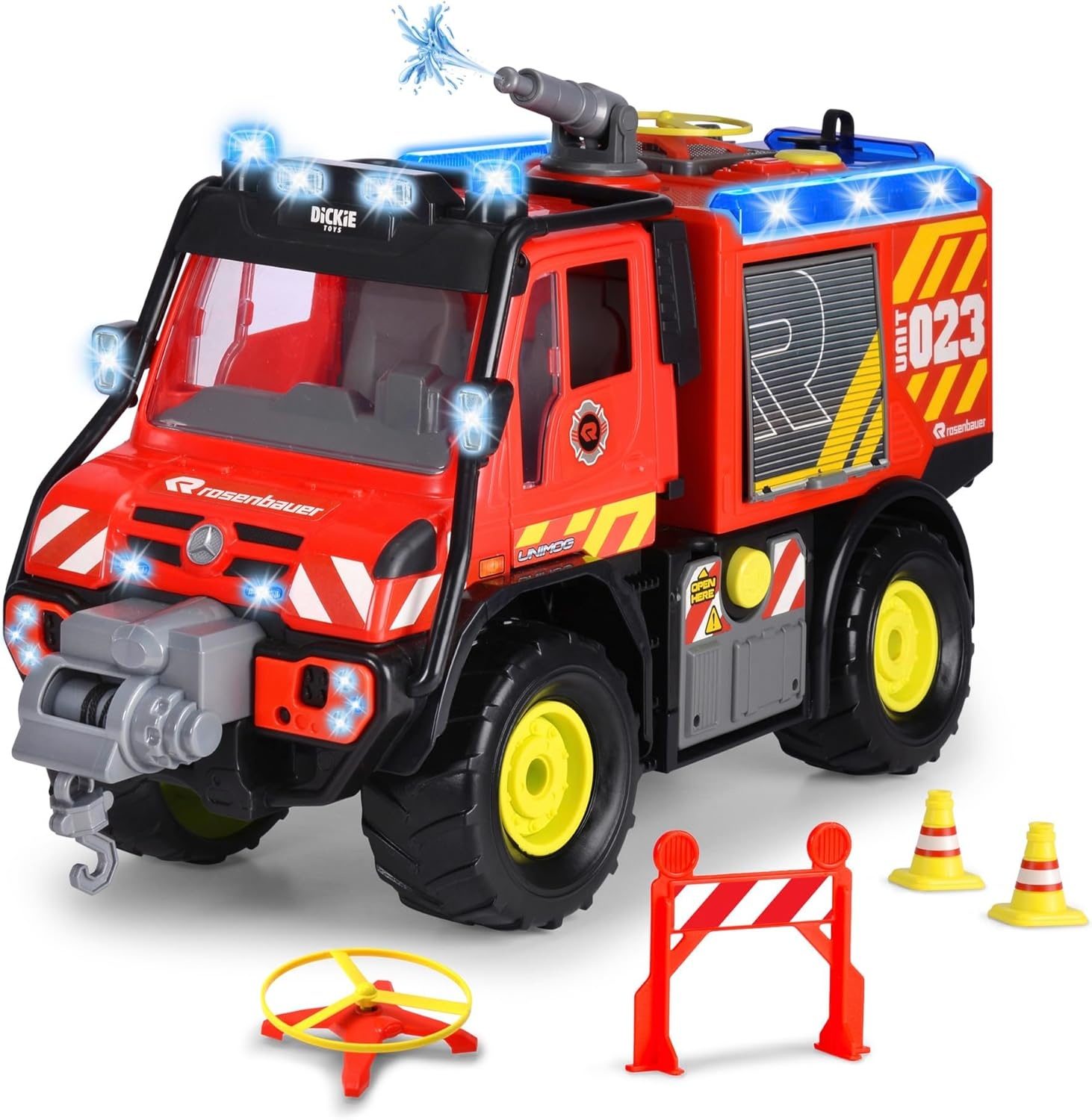 Dickie Toys - Unimog U530 Fire Rescue (50 cm) - grote brandweerauto met waterspuit en lier per stick-controller, kinderspeelgoed vanaf 3 jaar met licht en geluid, incl. batterijen