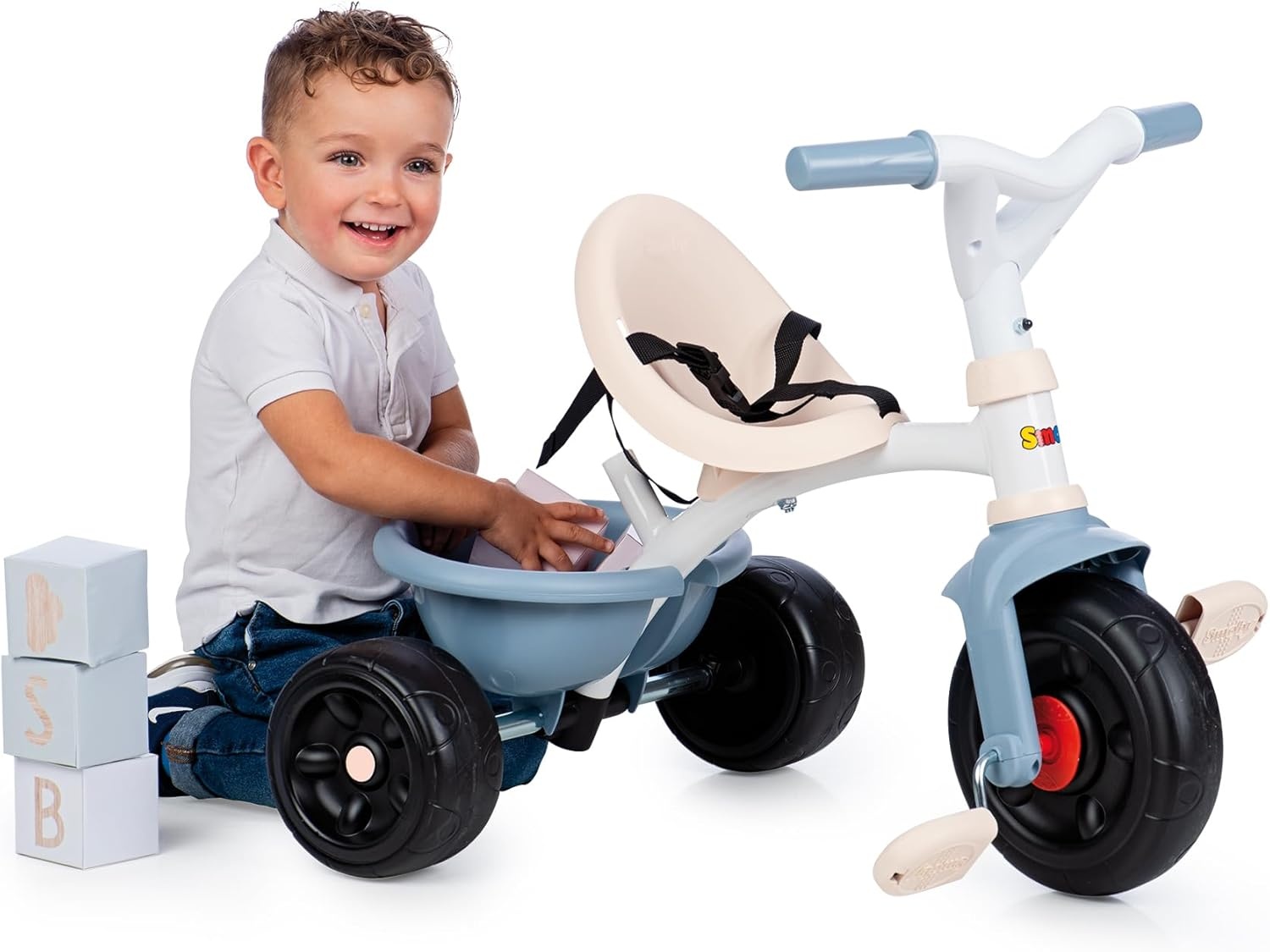 Smoby - Be Fun Blauwe Driewieler - Verstelbare en Afneembare Ouderlijke Wandelstok Tot 95 Cm - Veiligheidsgordel - Vanaf 15 Maanden - Gemaakt in Spanje