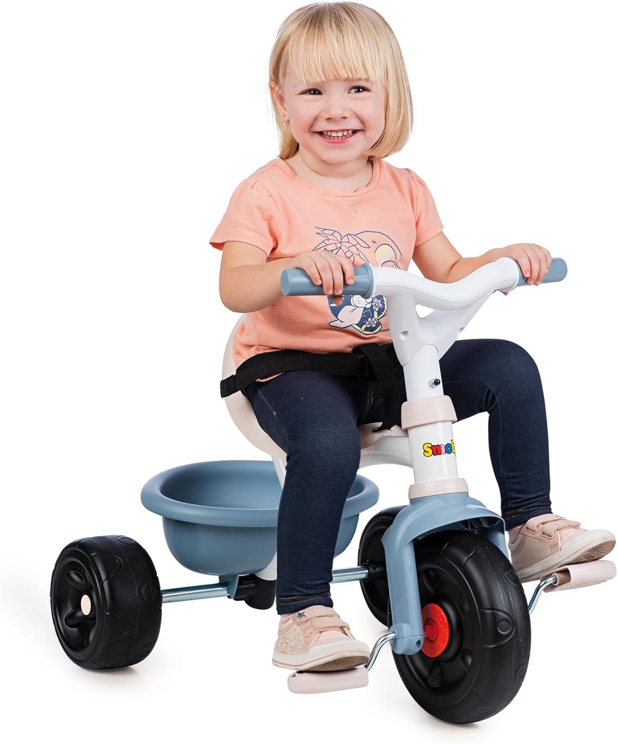 Smoby - Be Fun Blauwe Driewieler - Verstelbare en Afneembare Ouderlijke Wandelstok Tot 95 Cm - Veiligheidsgordel - Vanaf 15 Maanden - Gemaakt in Spanje