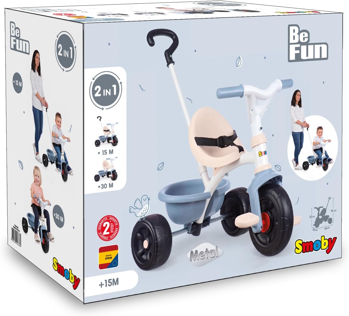 Smoby - Be Fun Blauwe Driewieler - Verstelbare en Afneembare Ouderlijke Wandelstok Tot 95 Cm - Veiligheidsgordel - Vanaf 15 Maanden - Gemaakt in Spanje