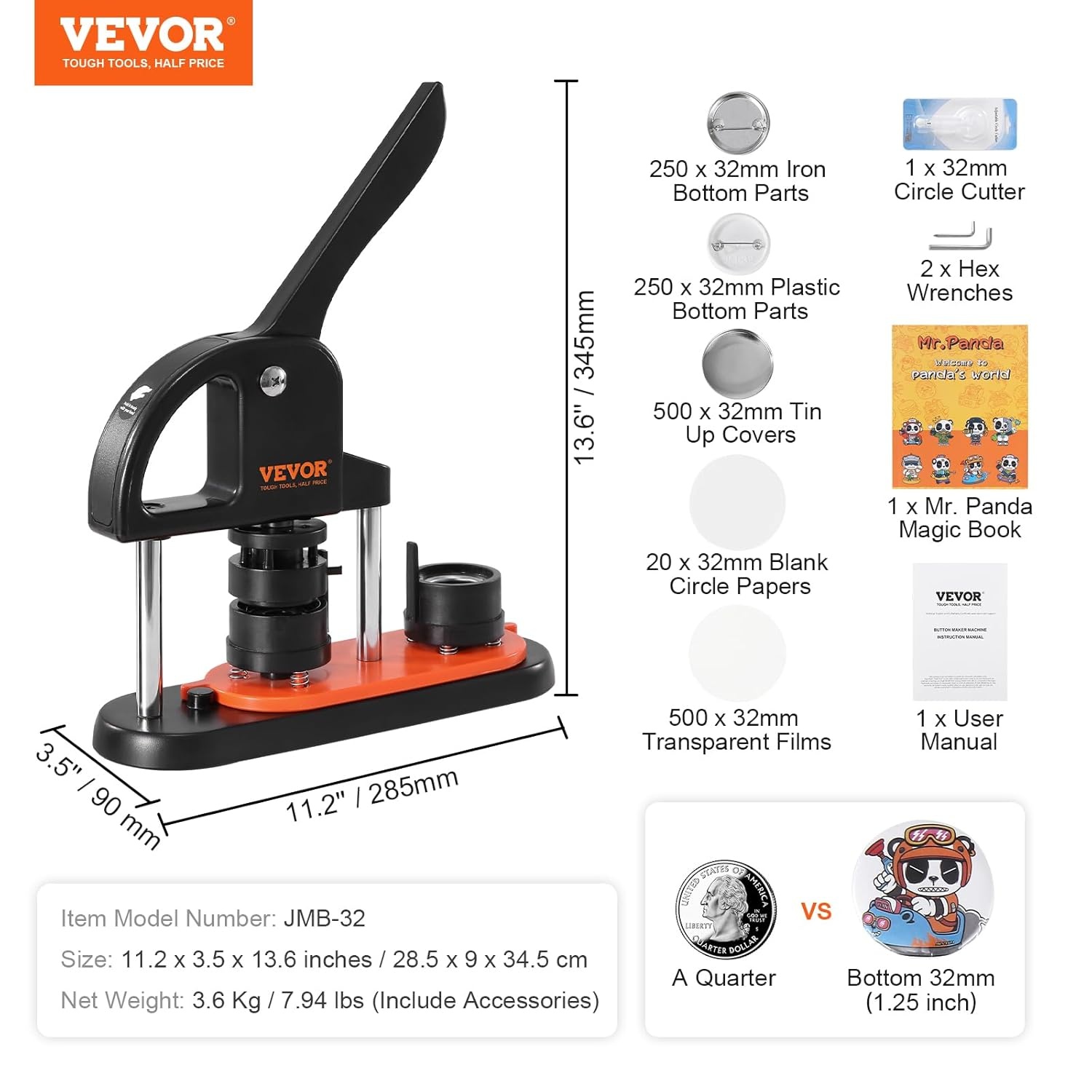 VEVOR Badge Machine 32 mm Badge Press with 500 Consumables, Magic Book and Circle Cutter, Machine for Making Badges Made of Robust Plastic, for Making Pin Badges