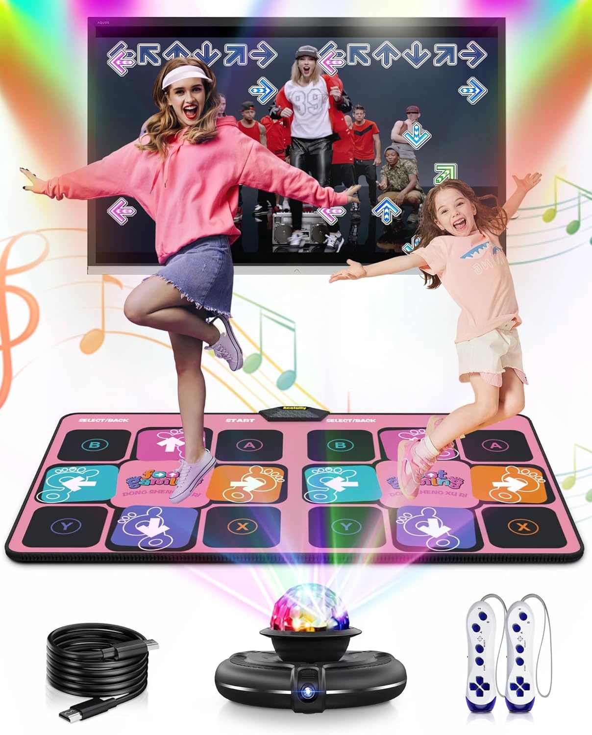 Dansmat voor kinderen - Elektronische dansmatten voor tv met HD-camera, antislip fitnessmat voor binnen met 2 draadloze controller en kleurrijke discobal, cadeau voor jongens, meisjes en