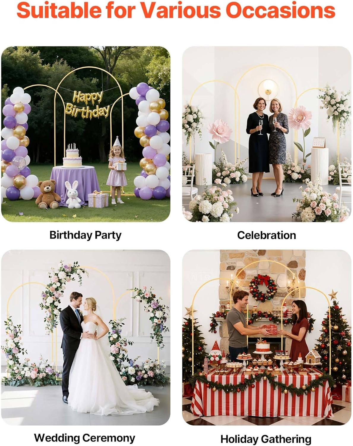 VEVOR 3 Pack 7.4 Inch 6 Feet Arch Backdrop Stand, Stable Structure, Easy Assembly, Gold Metal Stand for Wedding, Birthday Party, Graduation, Party - Maat 7.2ft,6.6ft,6ft