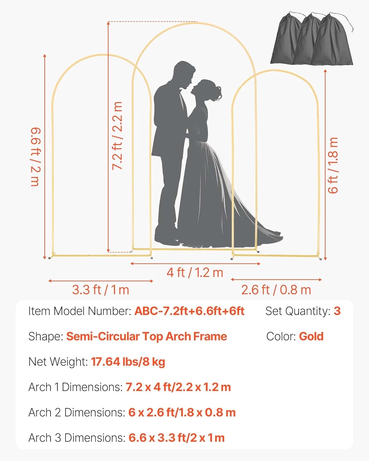 VEVOR 3 Pack 7.4 Inch 6 Feet Arch Backdrop Stand, Stable Structure, Easy Assembly, Gold Metal Stand for Wedding, Birthday Party, Graduation, Party - Maat 7.2ft,6.6ft,6ft