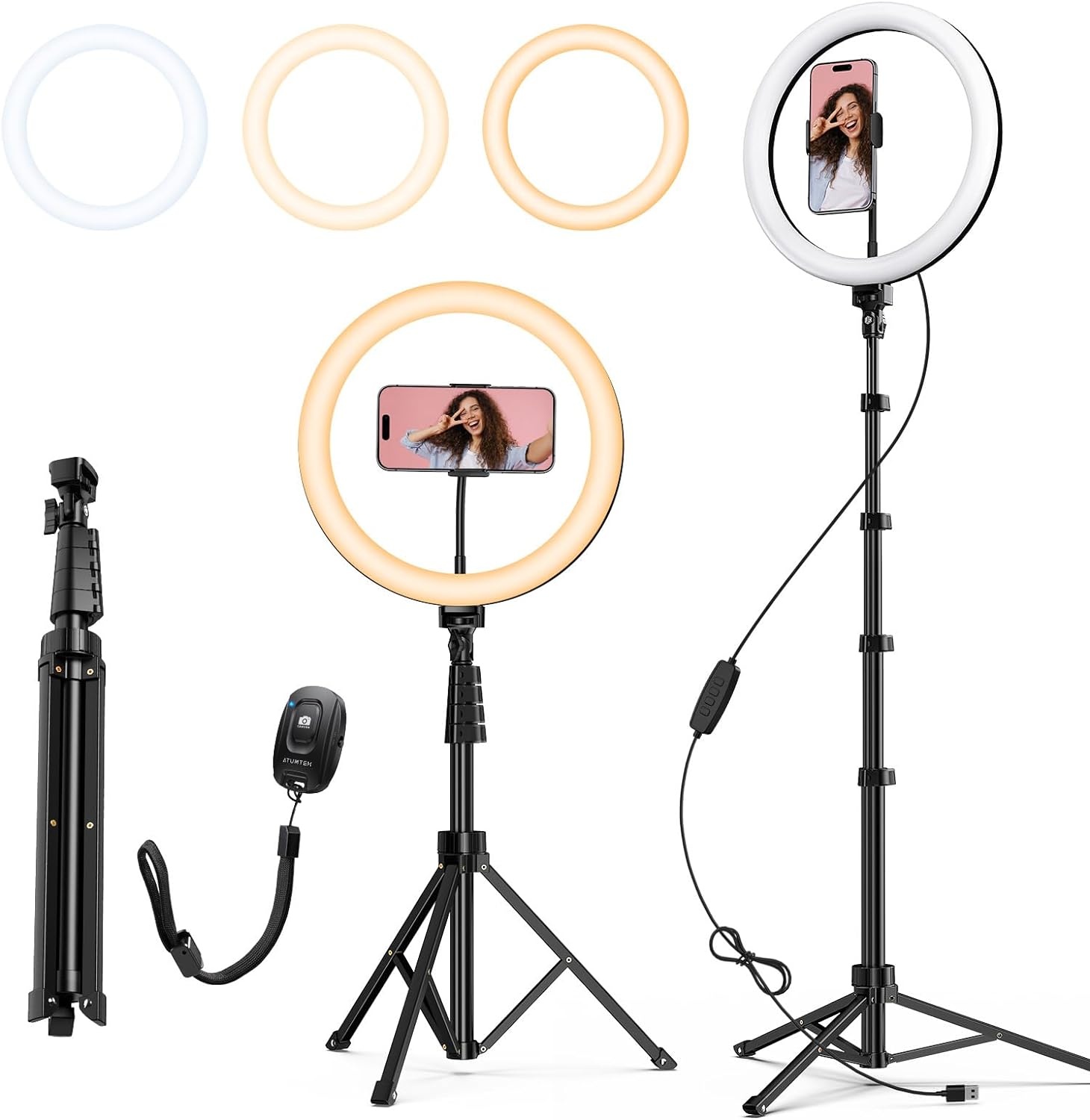 ATUMTEK 12" Ring Light met 160 LED’s en 160 cm Statief, 3 Lichtstanden & 10 Helderniveaus, Dimbare Selfie Ringlamp met Afstandsbediening voor TikTok, YouTube, Livestreams en Fotografie