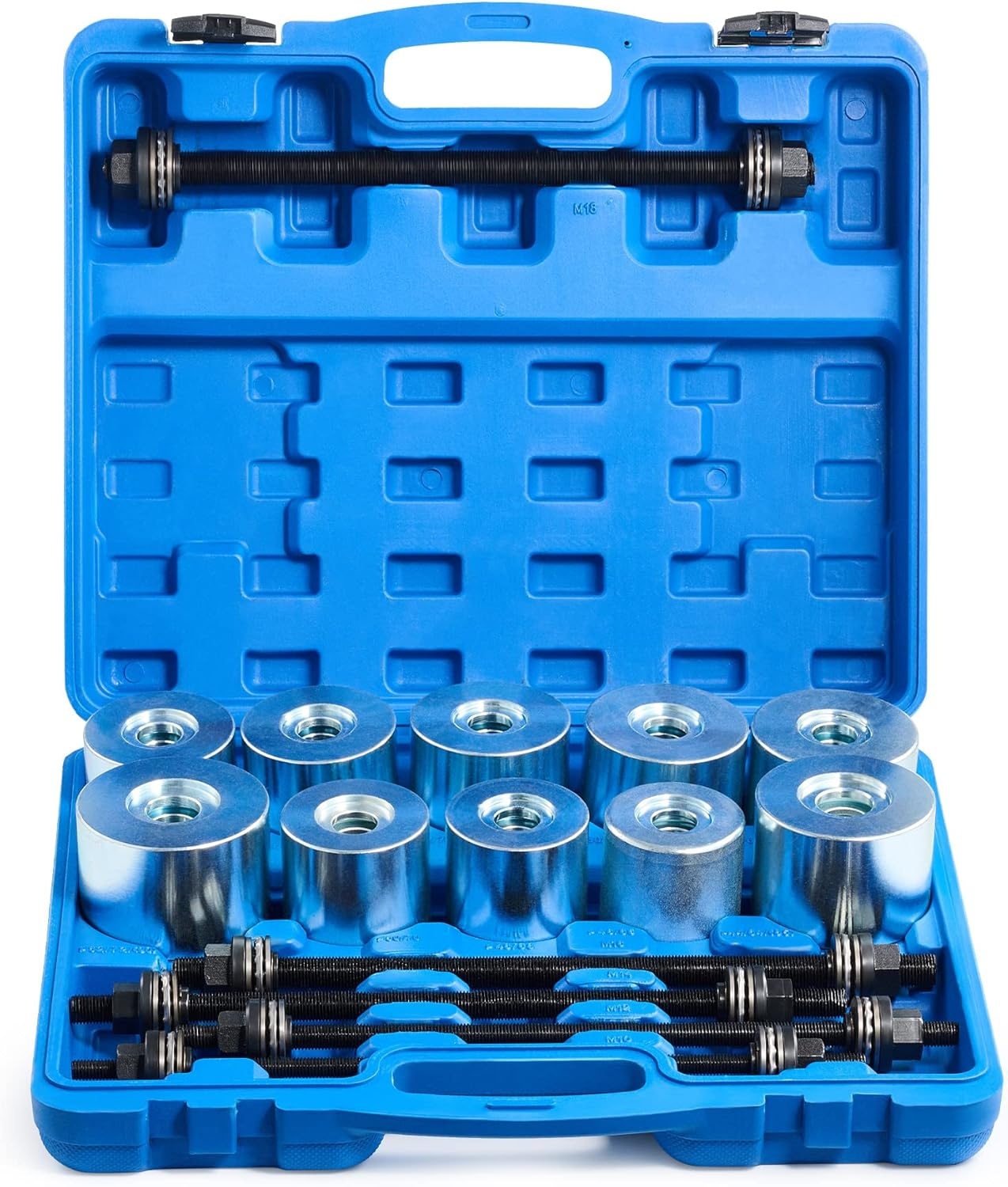 Orion Motor Tech Wiellagertrekkerset, 27-delig, voor silentlagers, gereedschaptrekker, wiellagers, bussen, uit- en plaatsen van rubberen bussen, aslager, trek- en drukhulzenset, staal
