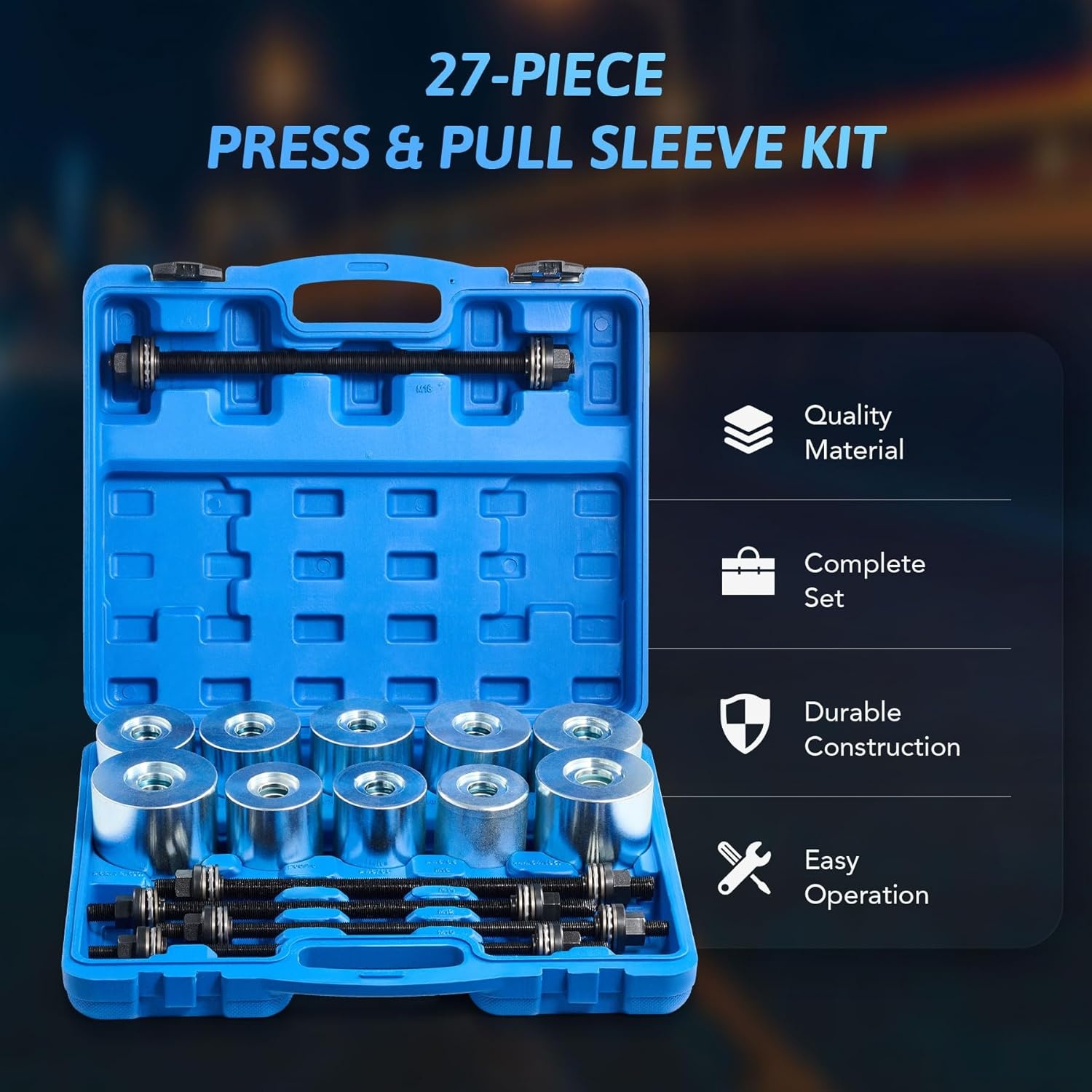 Orion Motor Tech Wiellagertrekkerset, 27-delig, voor silentlagers, gereedschaptrekker, wiellagers, bussen, uit- en plaatsen van rubberen bussen, aslager, trek- en drukhulzenset, staal