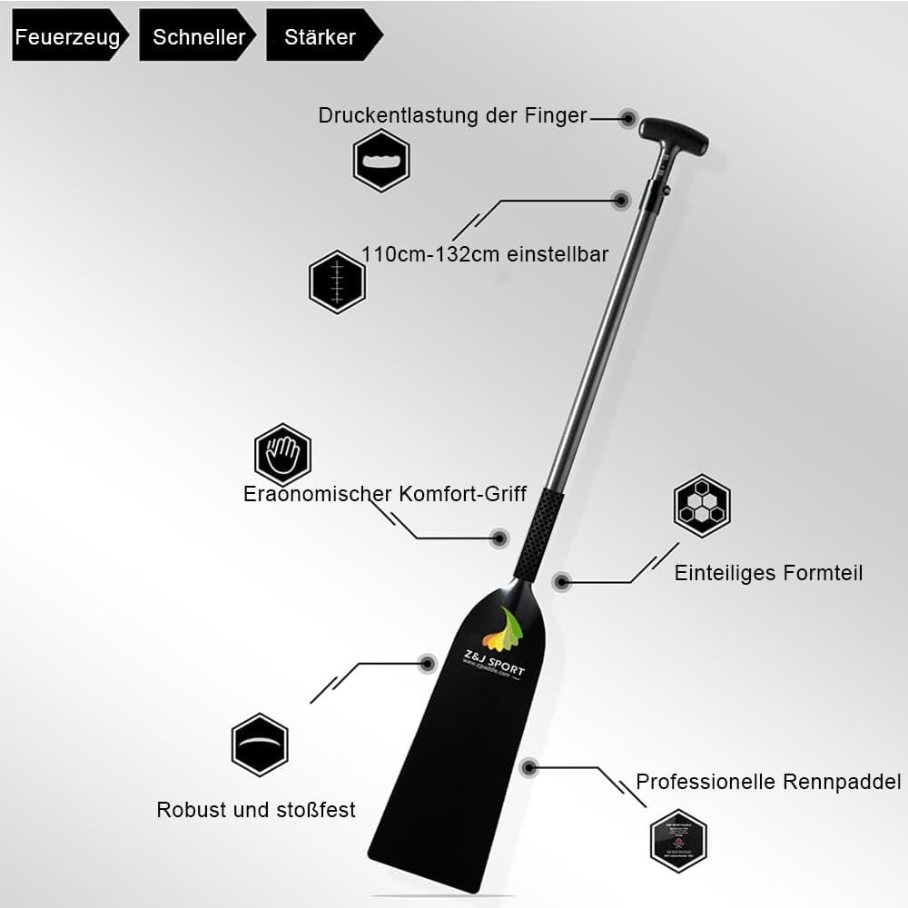 Drakenboot peddel koolstofvezel, verstelbaar 110-132cm, T-greep