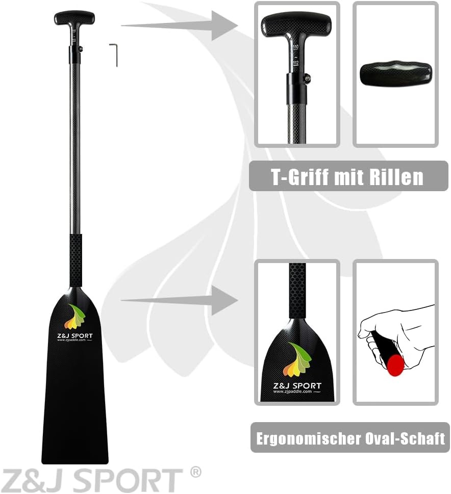 Drakenboot peddel koolstofvezel, verstelbaar 110-132cm, T-greep