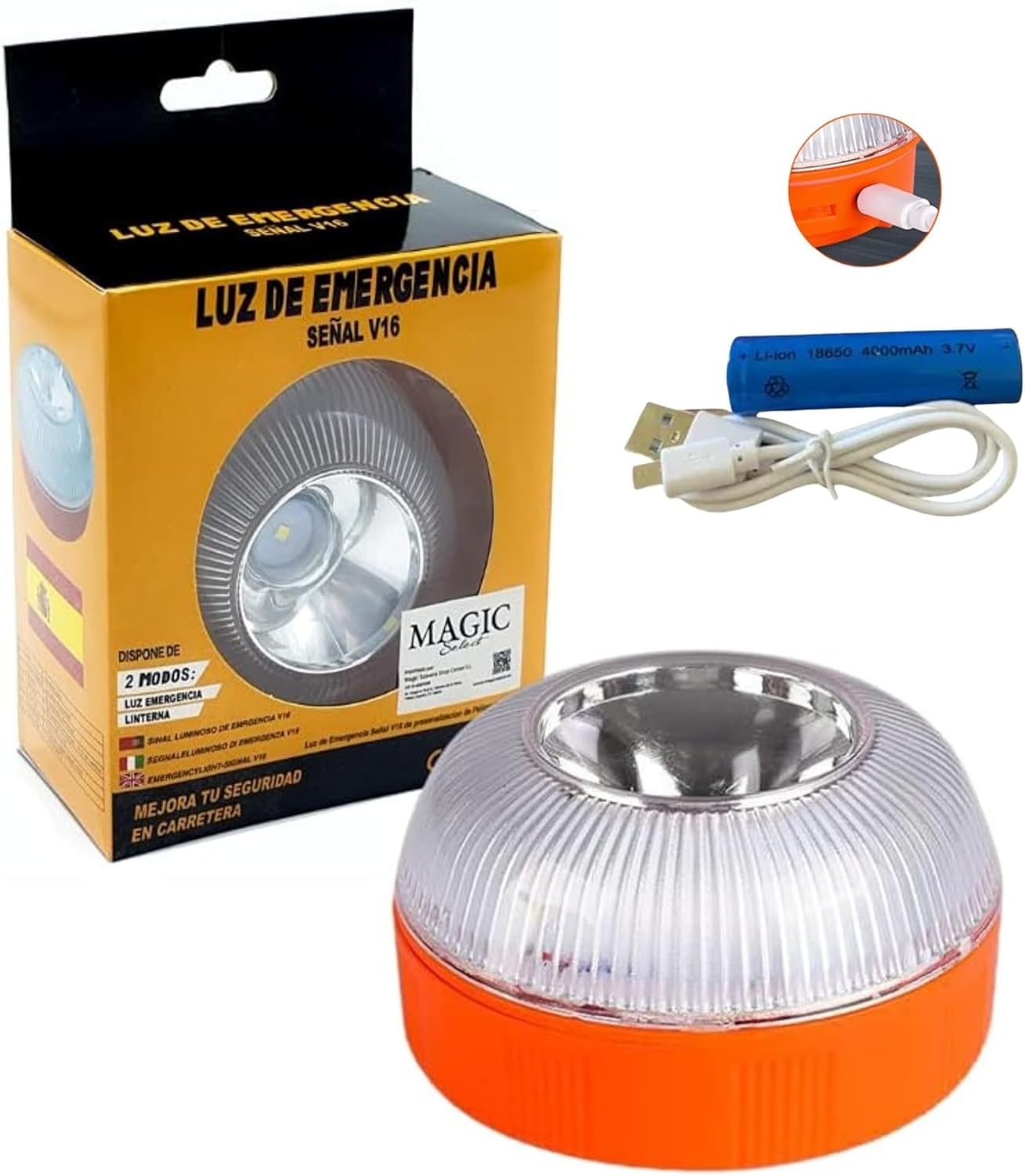 MAGIC SELECT Noodlicht V 16, goedgekeurd door de DGT voor noodgevallen, Noodlamp voor auto en motorfiets, magnetische zaklamp voor voertuigen