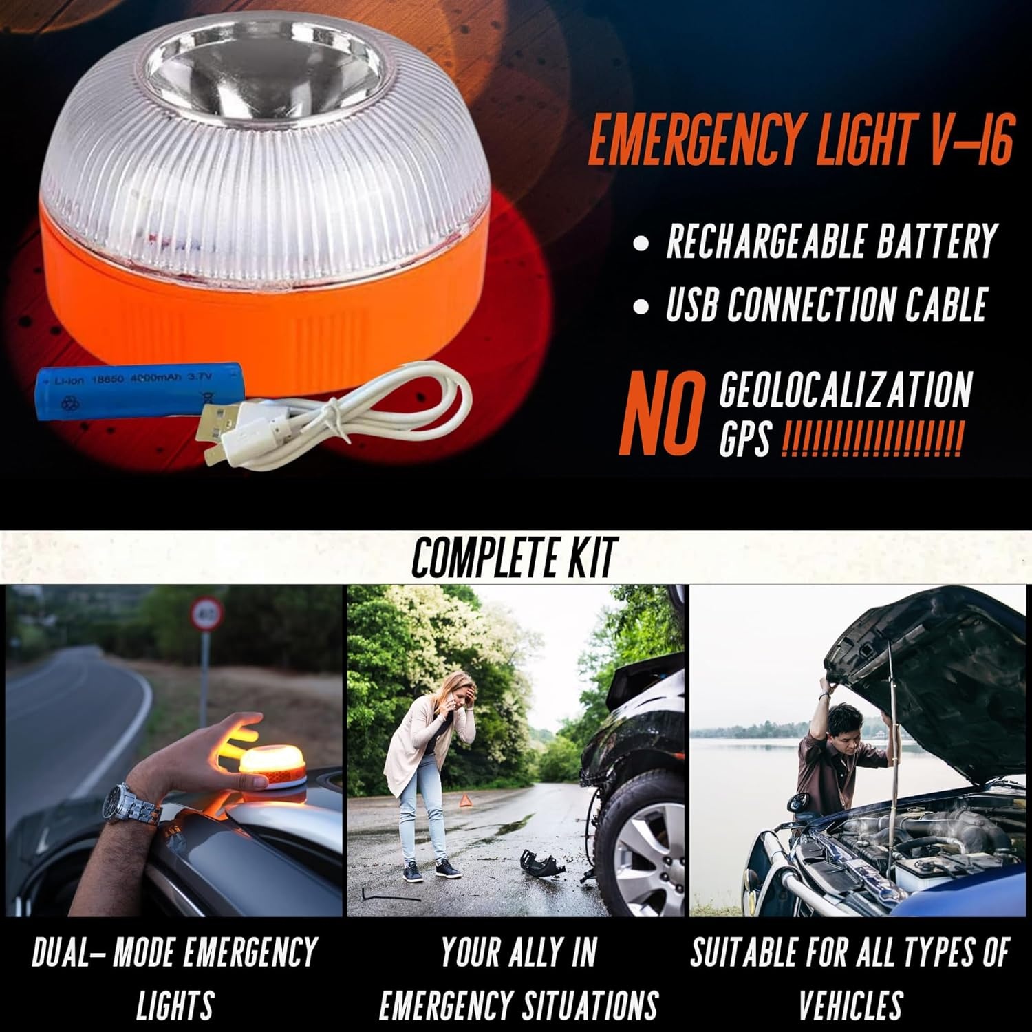 MAGIC SELECT Noodlicht V 16, goedgekeurd door de DGT voor noodgevallen, Noodlamp voor auto en motorfiets, magnetische zaklamp voor voertuigen