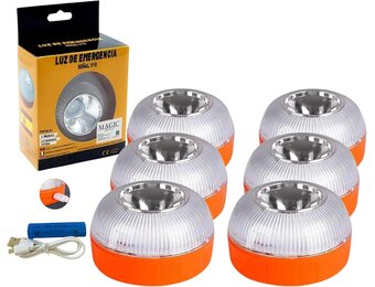 6x Noodlamp V-16, Goedgekeurd door de DGT voor Noodgevallen, voor Auto en Motorfiets, Magnetische Zaklamp voor Voertuigen. Dubbele USB-autolader.