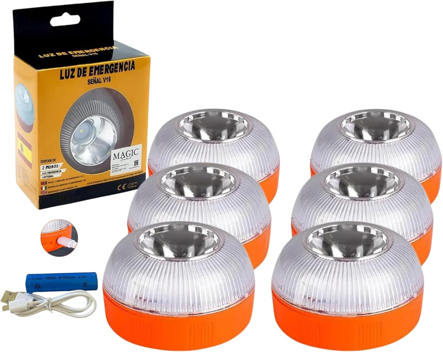 6x Noodlamp V-16, Goedgekeurd door de DGT voor Noodgevallen, voor Auto en Motorfiets, Magnetische Zaklamp voor Voertuigen. Dubbele USB-autolader.