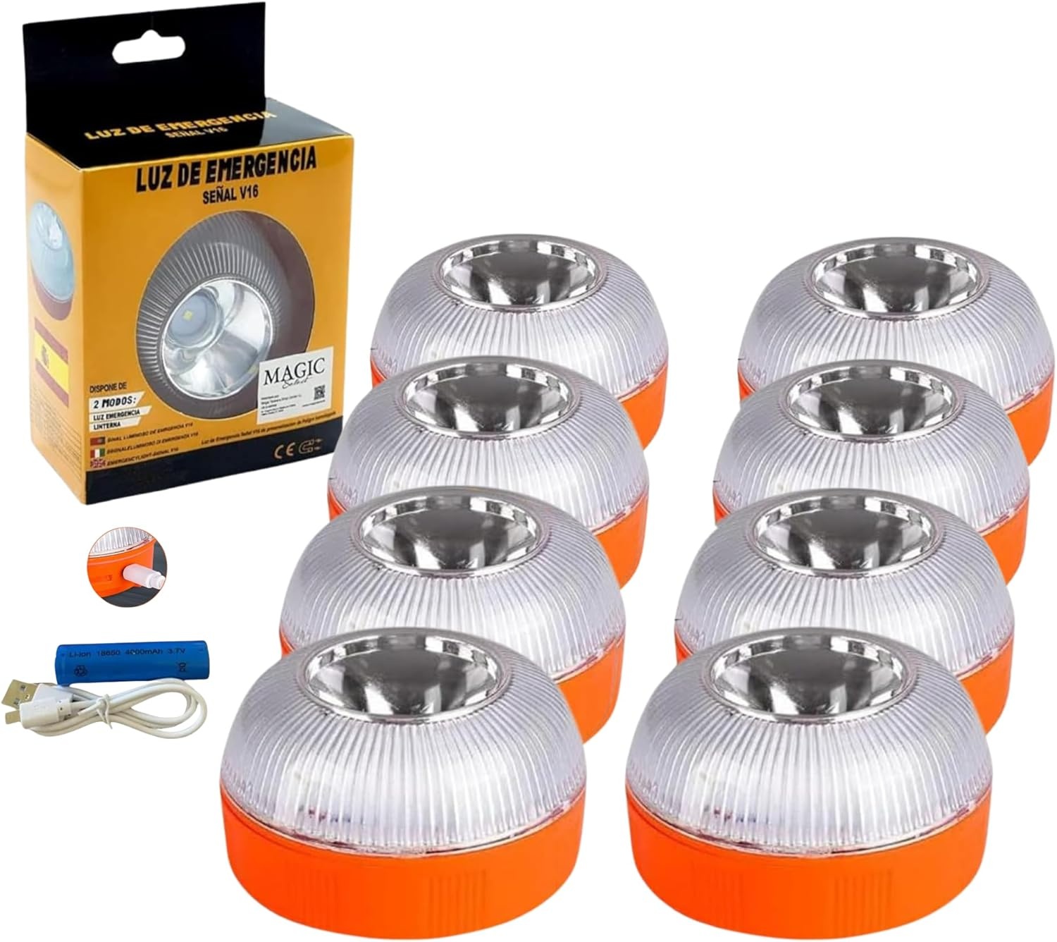 6x Noodlamp V-16, Goedgekeurd door de DGT voor Noodgevallen, voor Auto en Motorfiets, Magnetische Zaklamp voor Voertuigen. Dubbele USB-autolader.