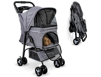 Mobiclinic® pets, Opvouwbare hondenwagen, Tot 15 kg, Voor kleine honden, Zuma, Wielen met 360° rem, 3 ramen rits muggennet, Bekerhouder