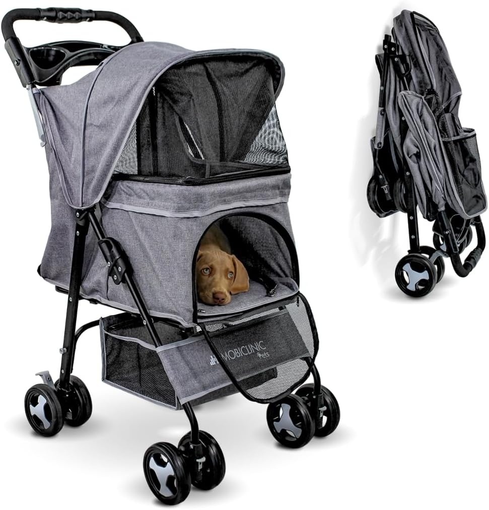 Mobiclinic® pets, Opvouwbare hondenwagen, Tot 15 kg, Voor kleine honden, Zuma, Wielen met 360° rem, 3 ramen rits muggennet, Bekerhouder