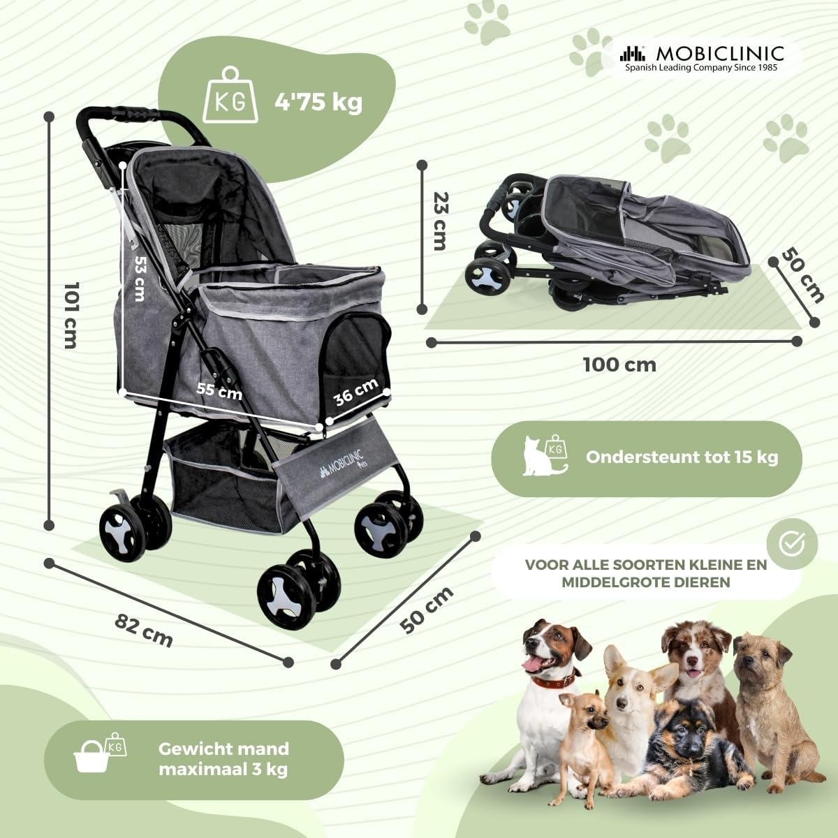 Mobiclinic® pets, Opvouwbare hondenwagen, Tot 15 kg, Voor kleine honden, Zuma, Wielen met 360° rem, 3 ramen rits muggennet, Bekerhouder