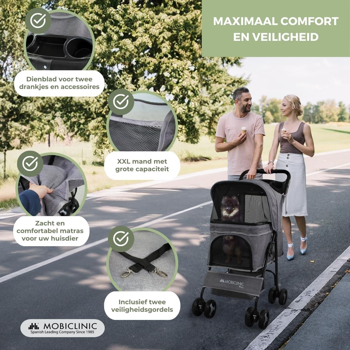 Mobiclinic® pets, Opvouwbare hondenwagen, Tot 15 kg, Voor kleine honden, Zuma, Wielen met 360° rem, 3 ramen rits muggennet, Bekerhouder