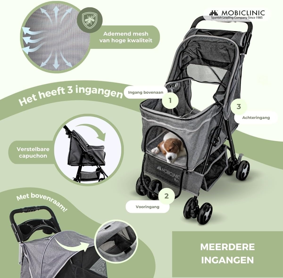 Mobiclinic® pets, Opvouwbare hondenwagen, Tot 15 kg, Voor kleine honden, Zuma, Wielen met 360° rem, 3 ramen rits muggennet, Bekerhouder