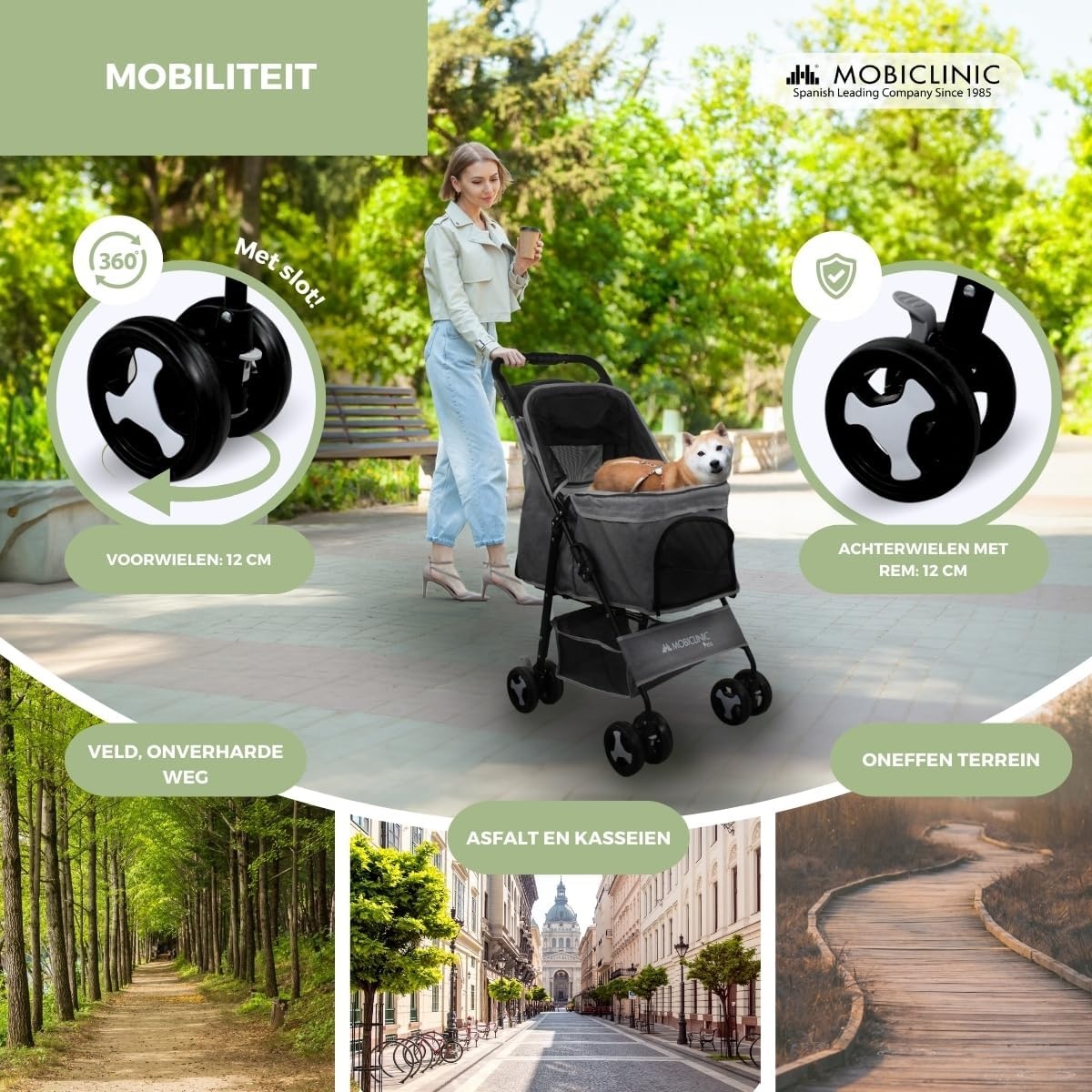 Mobiclinic® pets, Opvouwbare hondenwagen, Tot 15 kg, Voor kleine honden, Zuma, Wielen met 360° rem, 3 ramen rits muggennet, Bekerhouder