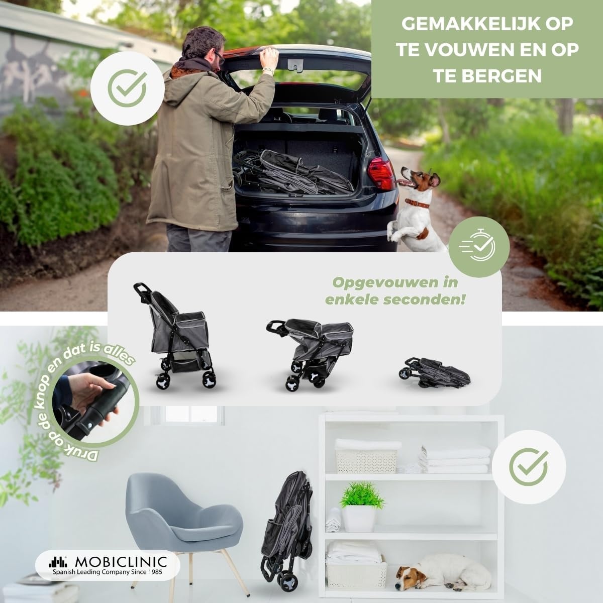 Mobiclinic® pets, Opvouwbare hondenwagen, Tot 15 kg, Voor kleine honden, Zuma, Wielen met 360° rem, 3 ramen rits muggennet, Bekerhouder